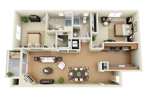 Floor plan for 2 beds, 2 baths, 1342 sqft