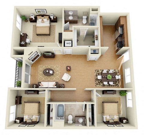 Floor plan for 3 beds, 2 baths, 1450 sqft
