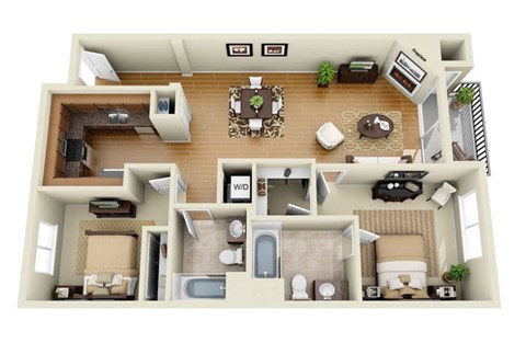 Floor plan for 2 beds, 2 baths, 1147 sqft