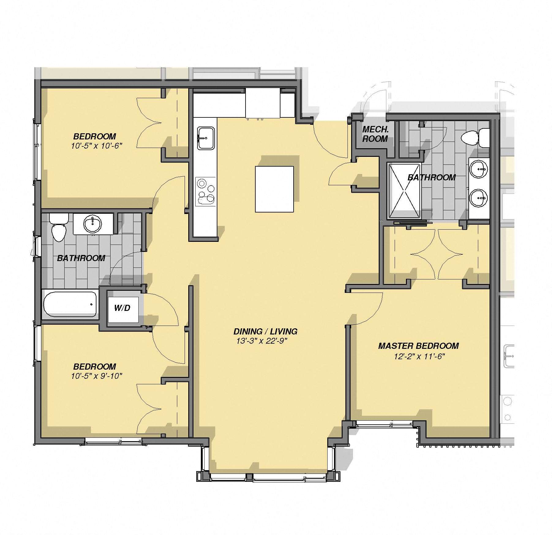 Floor plan for 3 beds, 2 baths, 1213 sqft