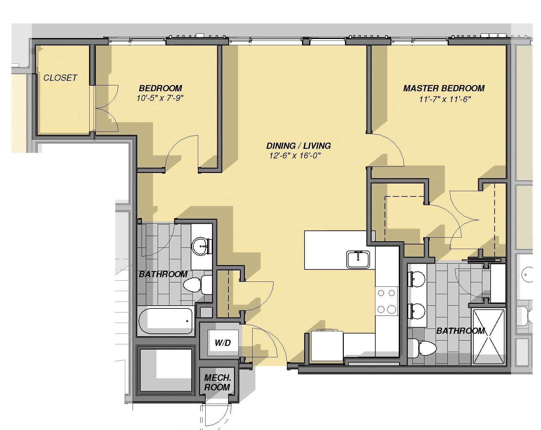 Floor plan for 2 beds, 2 baths, 1121 sqft