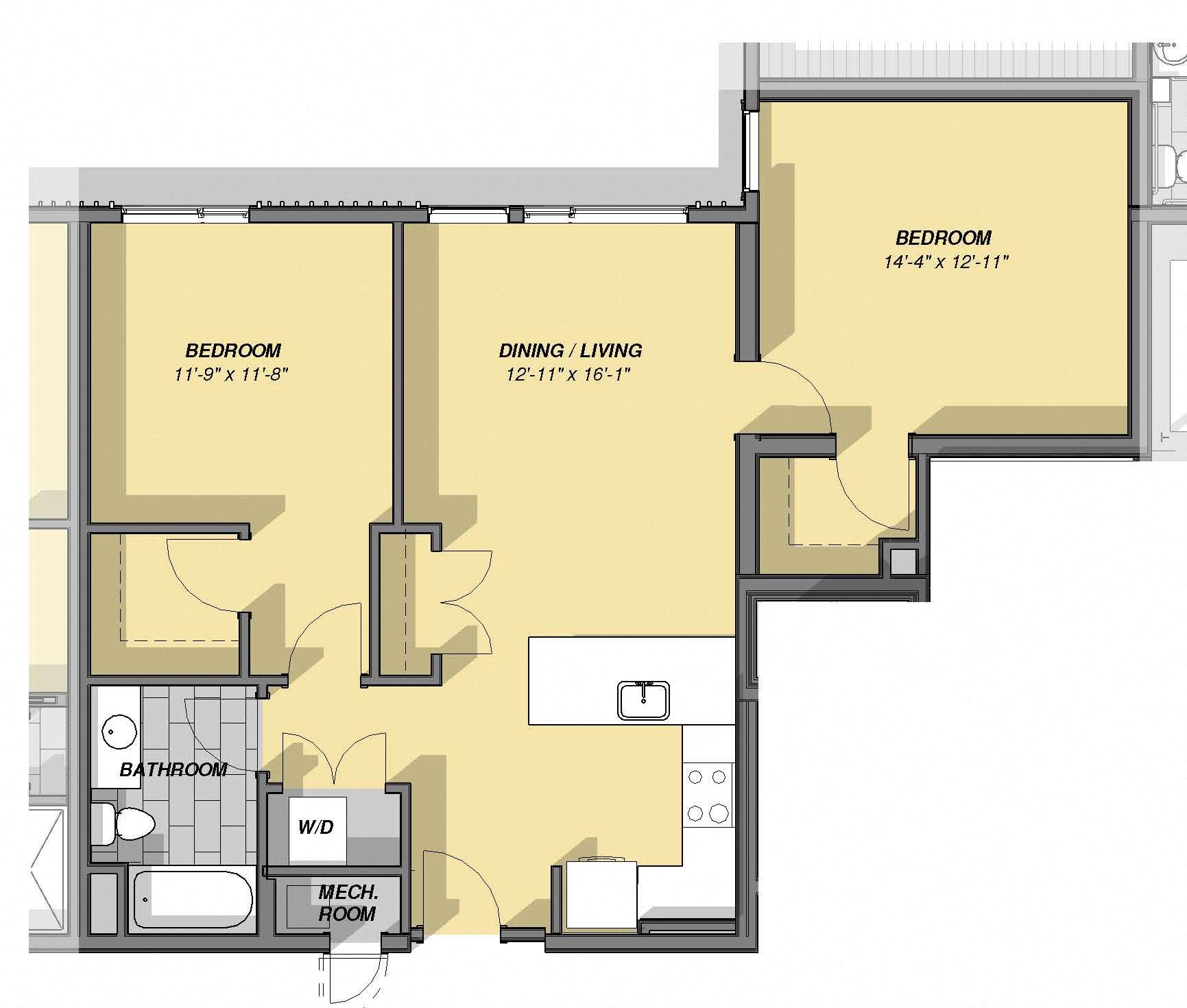 Floor plan for 2 beds, 1 bath, 925 sqft