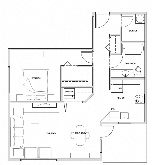 Floor plan for 1 bed, 1 bath, 754 sqft