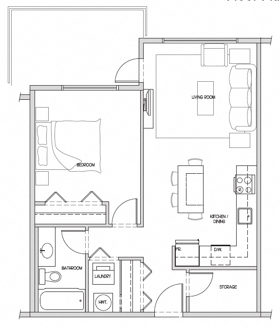 Floor plan for 1 bed, 1 bath, 663 sqft
