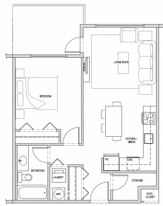 Floor plan for 1 bed, 1 bath, 646 sqft