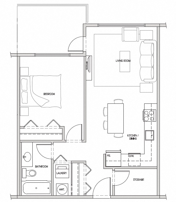 Floor plan for 1 bed, 1 bath, 653 sqft