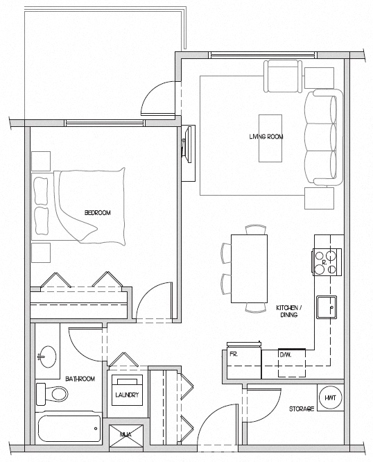 Floor plan for 1 bed, 1 bath, 646 sqft