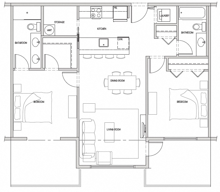 Floor plan for 2 beds, 2 baths, 943 sqft