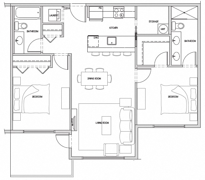 Floor plan for 2 beds, 2 baths, 933 sqft