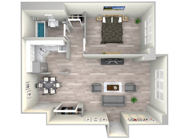 Floor plan for 1 bed, 1 bath, 595 sqft