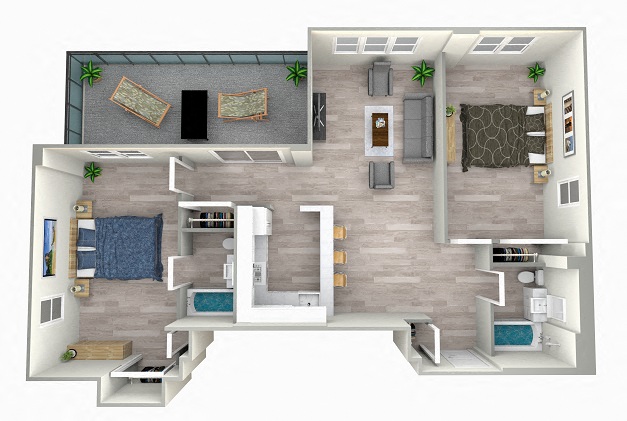 Floor plan for 2 beds, 2 baths, 1035 sqft