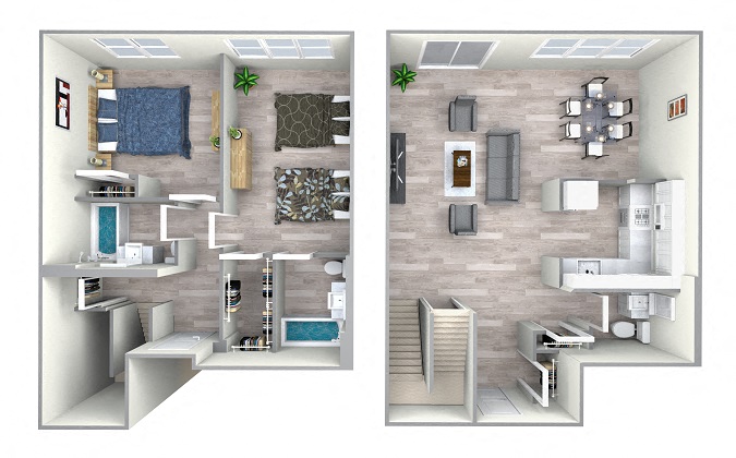 Floor plan for 2 beds, 2.5 baths, 1237 sqft