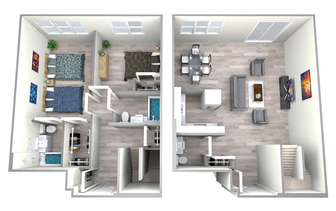 Floor plan for 2 beds, 3 baths, 1228 sqft