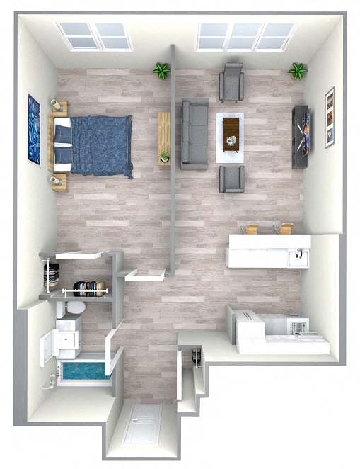 Floor plan for 1 bed, 1 bath, 595 sqft