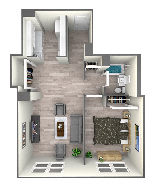 Floor plan for 1 bed, 1 bath, 642 sqft