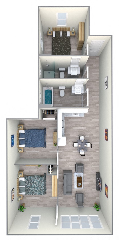 Floor plan for 3 beds, 2 baths, 675 sqft