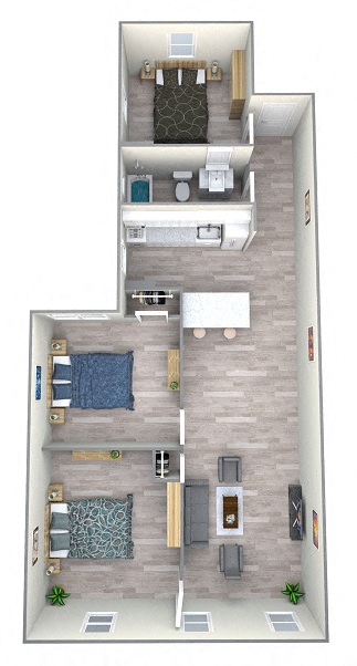 Floor plan for 3 beds, 1 bath, 475 sqft