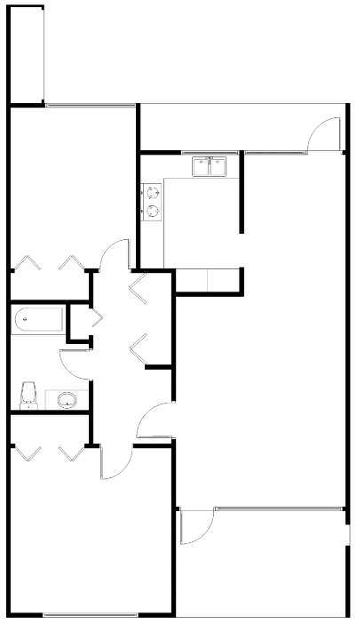 Floor plan for 2 beds, 1 bath, 940 sqft