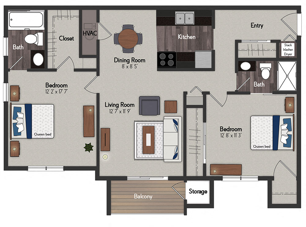 Floor plan for 2 beds, 2 baths, 995 sqft