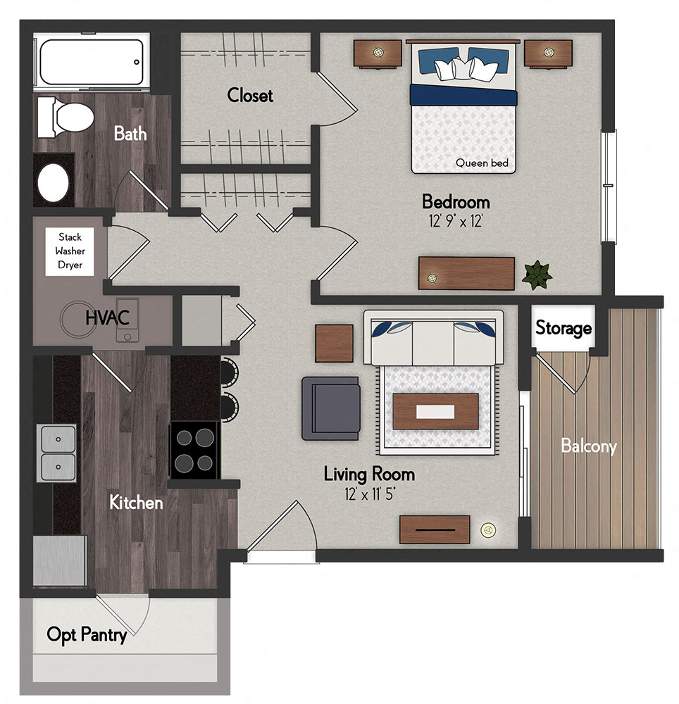 Floor plan for 1 bed, 1 bath, 614 sqft