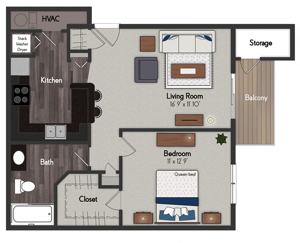 Floor plan for 1 bed, 1 bath, 697 sqft