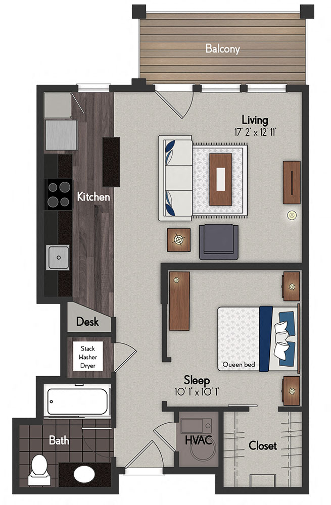 Floor plan for studio, 609 sqft