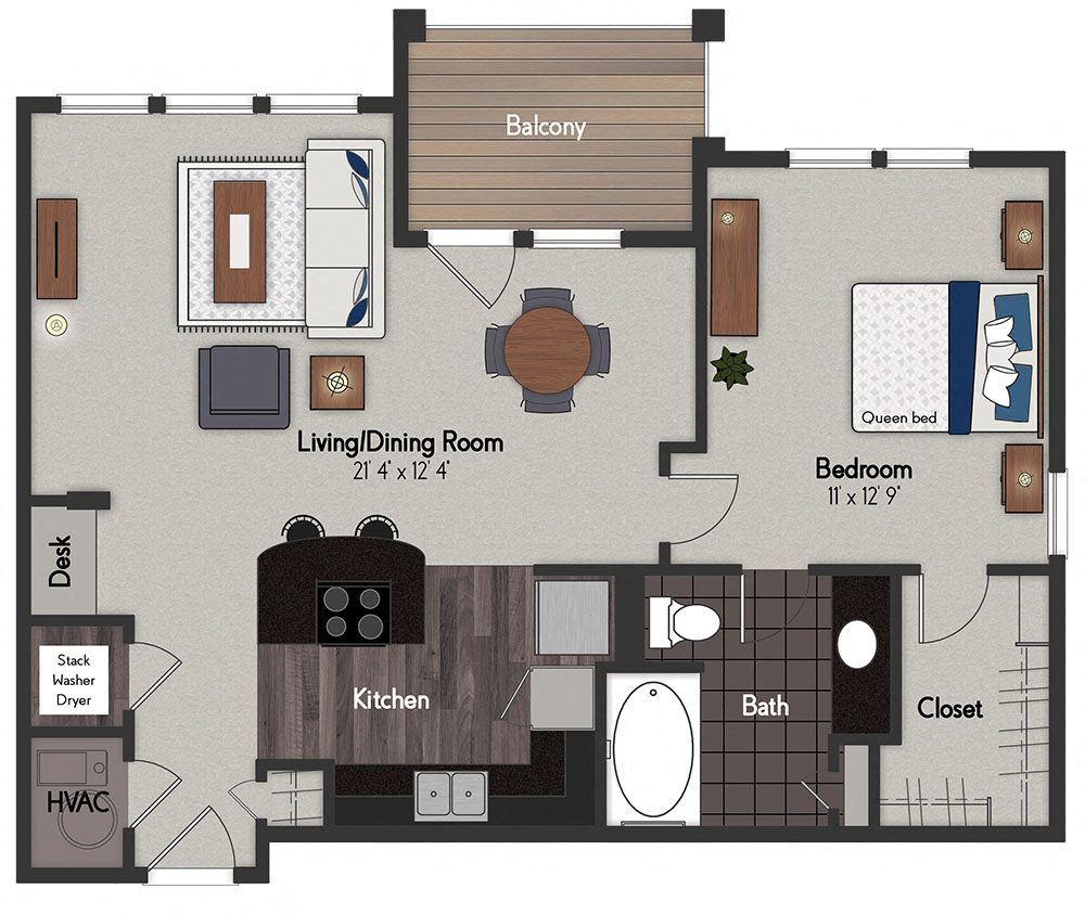 Floor plan for 1 bed, 1 bath, 759 sqft