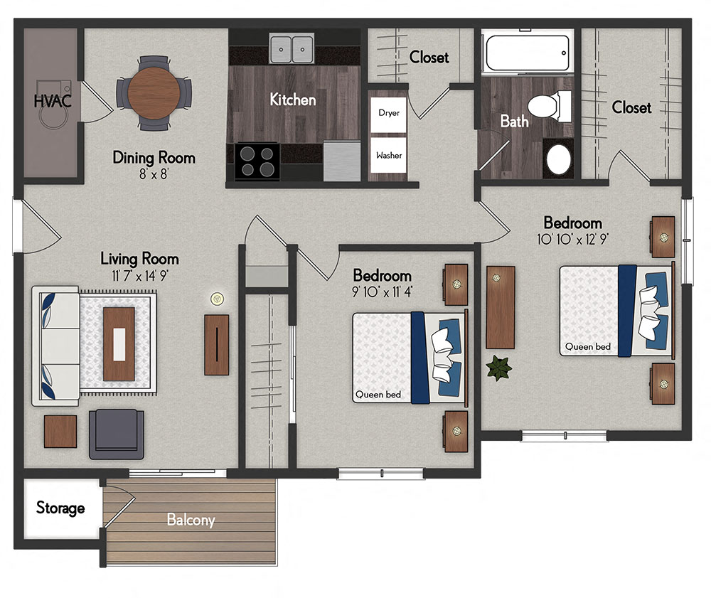 Floor plan for 2 beds, 1 bath, 860 sqft
