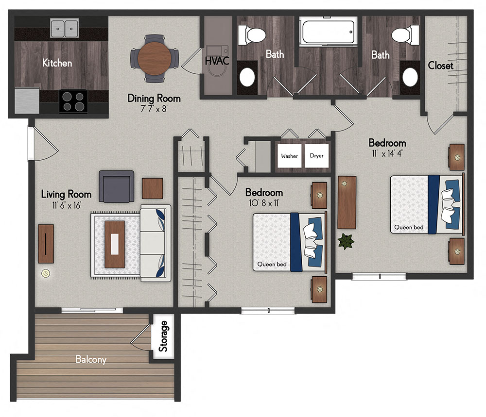 Floor plan for 2 beds, 2 baths, 911 sqft