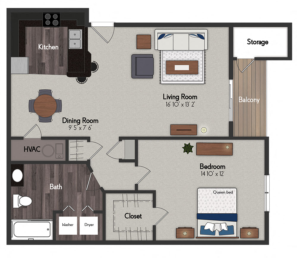 Floor plan for 1 bed, 1 bath, 806 sqft