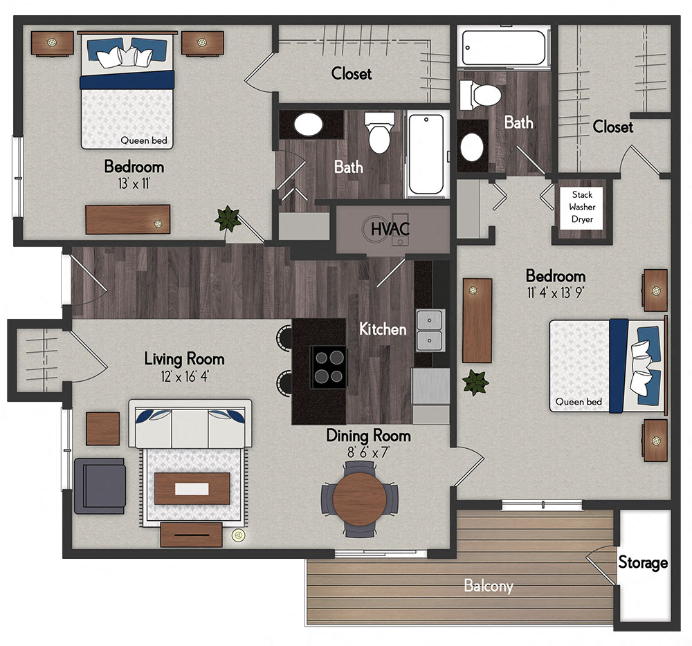 Floor plan for 2 beds, 2 baths, 990 sqft