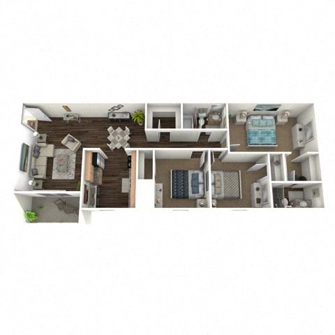 Floor plan for 3 beds, 2 baths, 1045 sqft