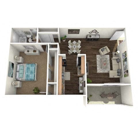 Floor plan for 1 bed, 1 bath, 750 sqft