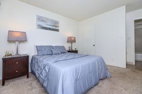 Northridge apartment for rent - Carpeted apartment bedroom with white walls, bedside tables, and a bed centered against the wall.