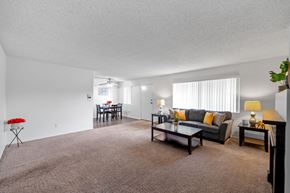 Sherman Oaks apartment for rent - Spacious and cozy living room at the Hallmark Apartment in Sherman Oaks overlooking the dining room with plank flooring and a dining table with accessories