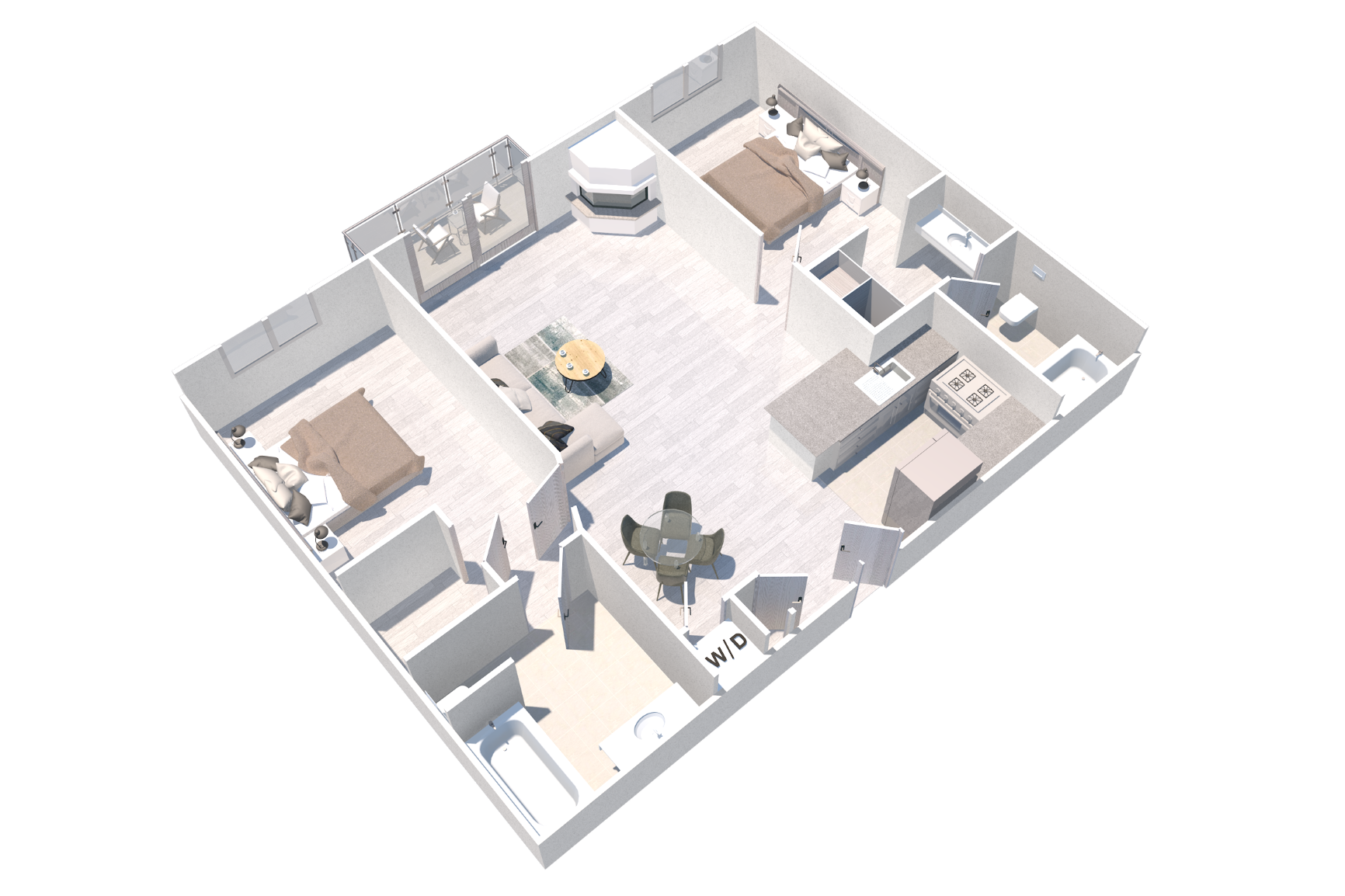 Floor plan for 2 beds, 2 baths, 999 sqft