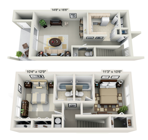Floor plan for 2 beds, 2.5 baths, 1002 sqft