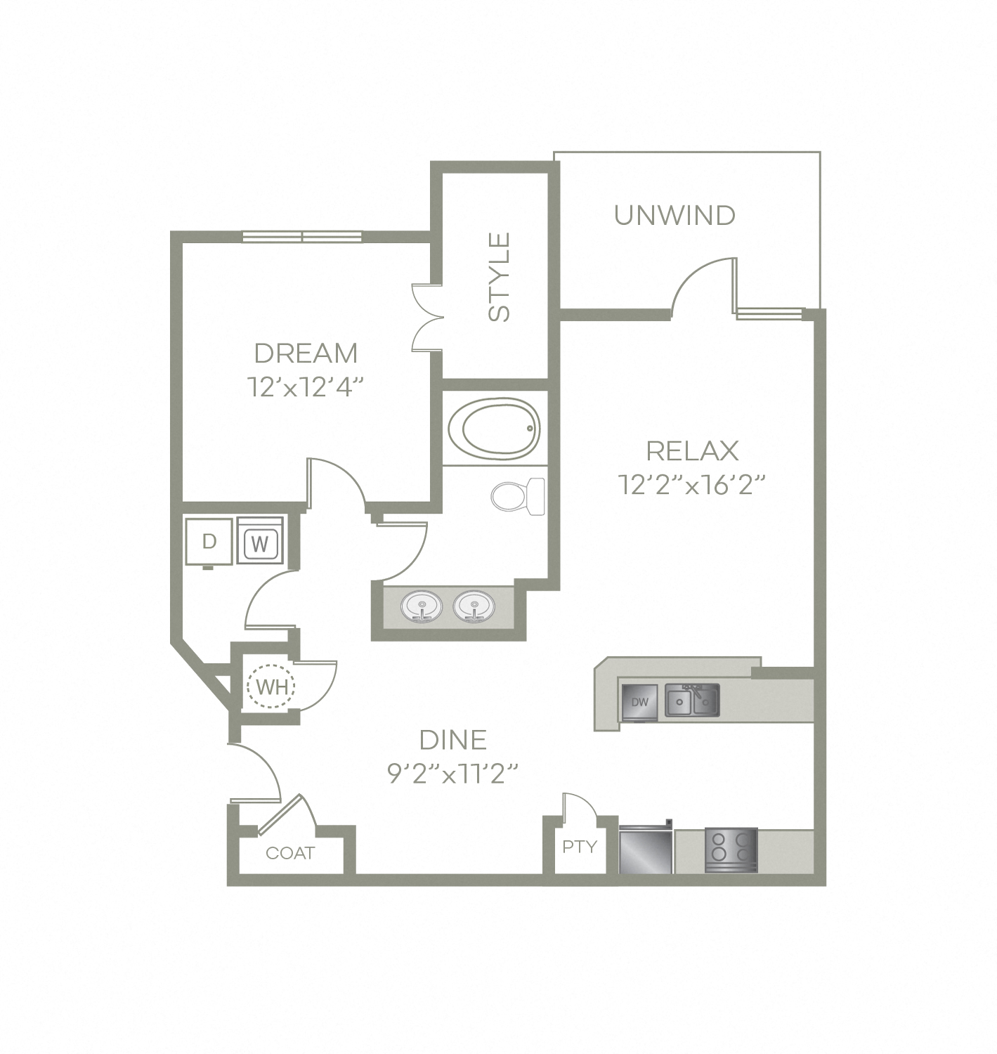 Floor plan for 1 bed, 1 bath, 850 sqft