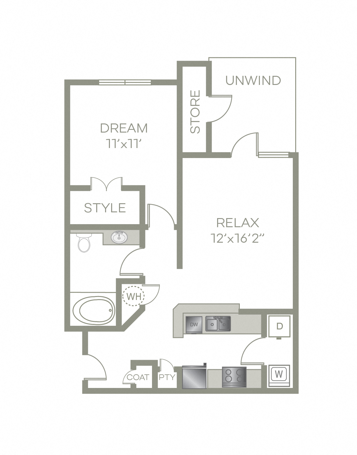 Floor plan for 1 bed, 1 bath, 700 sqft