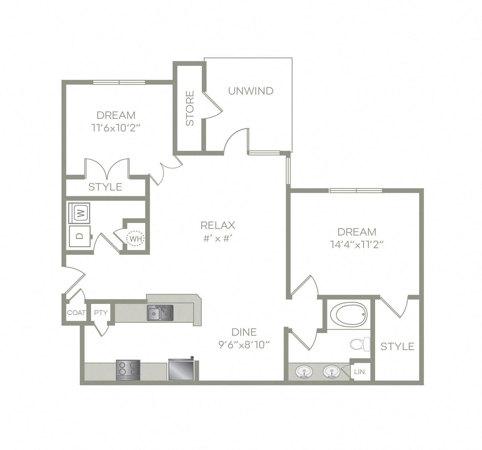 Floor plan for 2 beds, 1 bath, 1008 sqft