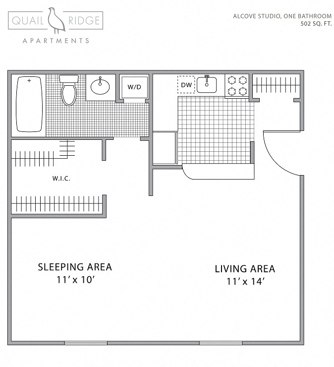 Floor plan for studio, 1 bath, 502 sqft