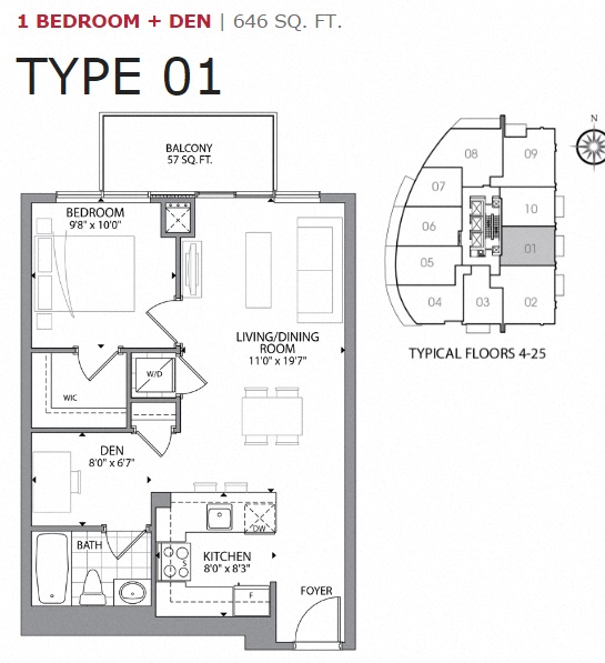 Floor plan for 1 bed, 1 bath, 646 sqft