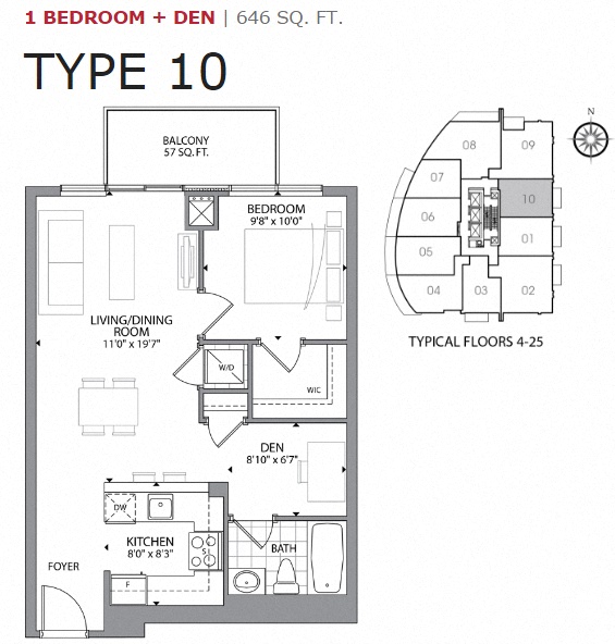 Floor plan for 1 bed, 1 bath, 646 sqft