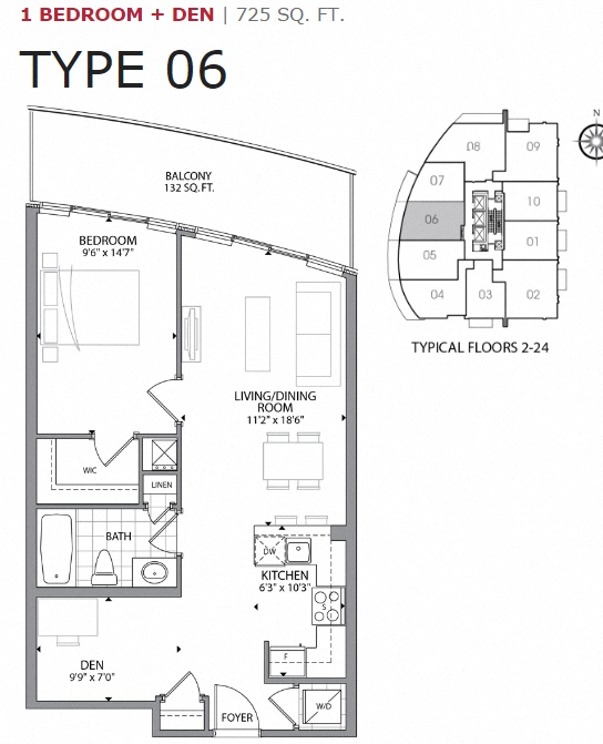Floor plan for 1 bed, 1 bath, 725 sqft