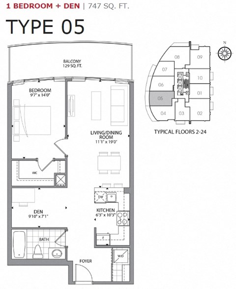Floor plan for 1 bed, 1 bath, 747 sqft