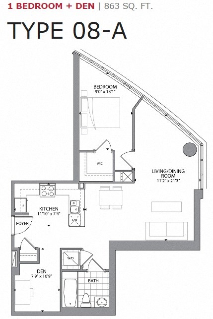 Floor plan for 1 bed, 1 bath, 863 sqft