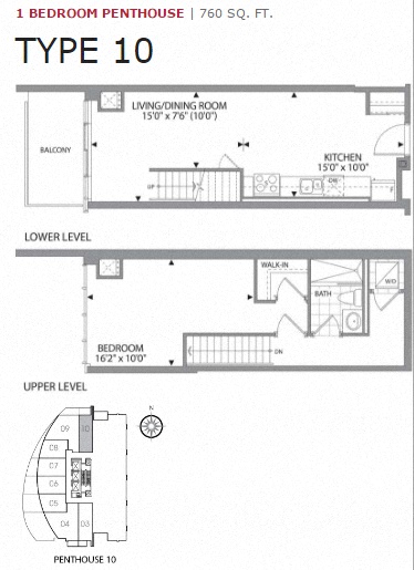 Floor plan for 1 bed, 1 bath, 760 sqft
