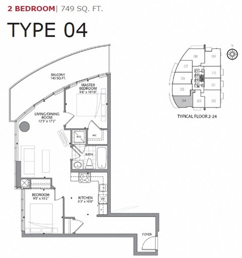 Floor plan for 2 beds, 1 bath, 749 sqft