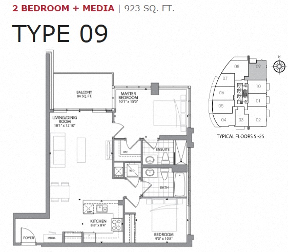 Floor plan for 2 beds, 2 baths, 923 sqft