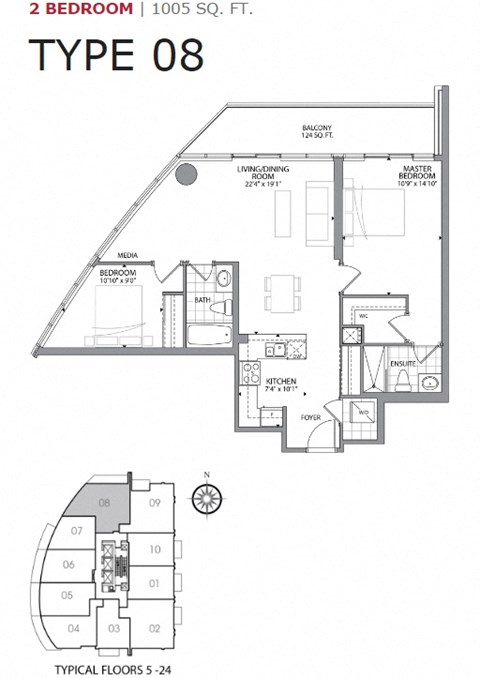 Floor plan for 2 beds, 2 baths, 1005 sqft